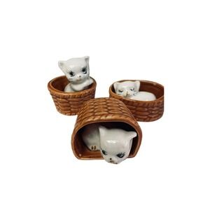 Vintage‎ Ceramic Kittens In Baskets Figurines Set Of 3 Adorable Collectible